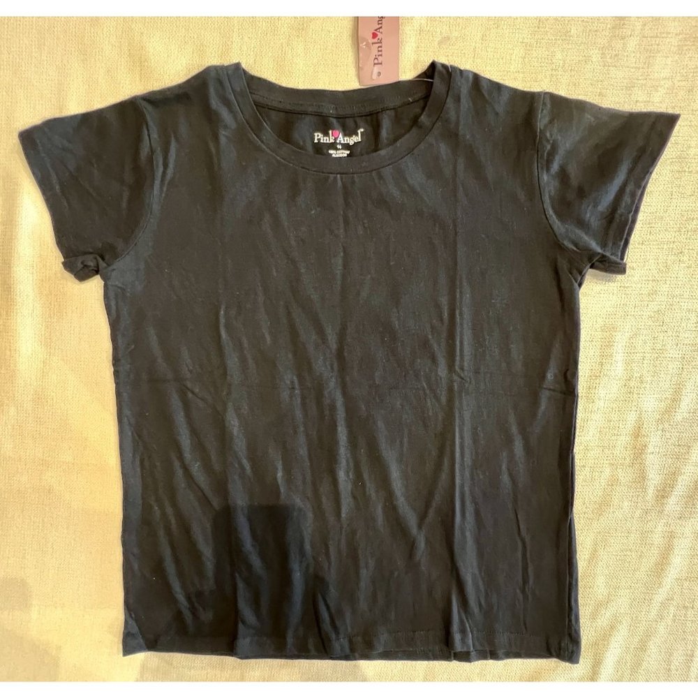 Pink Angel Black Crew Neck Short Sleeve T-Shirt 100% Cotton Youth Girl's 14 NWT